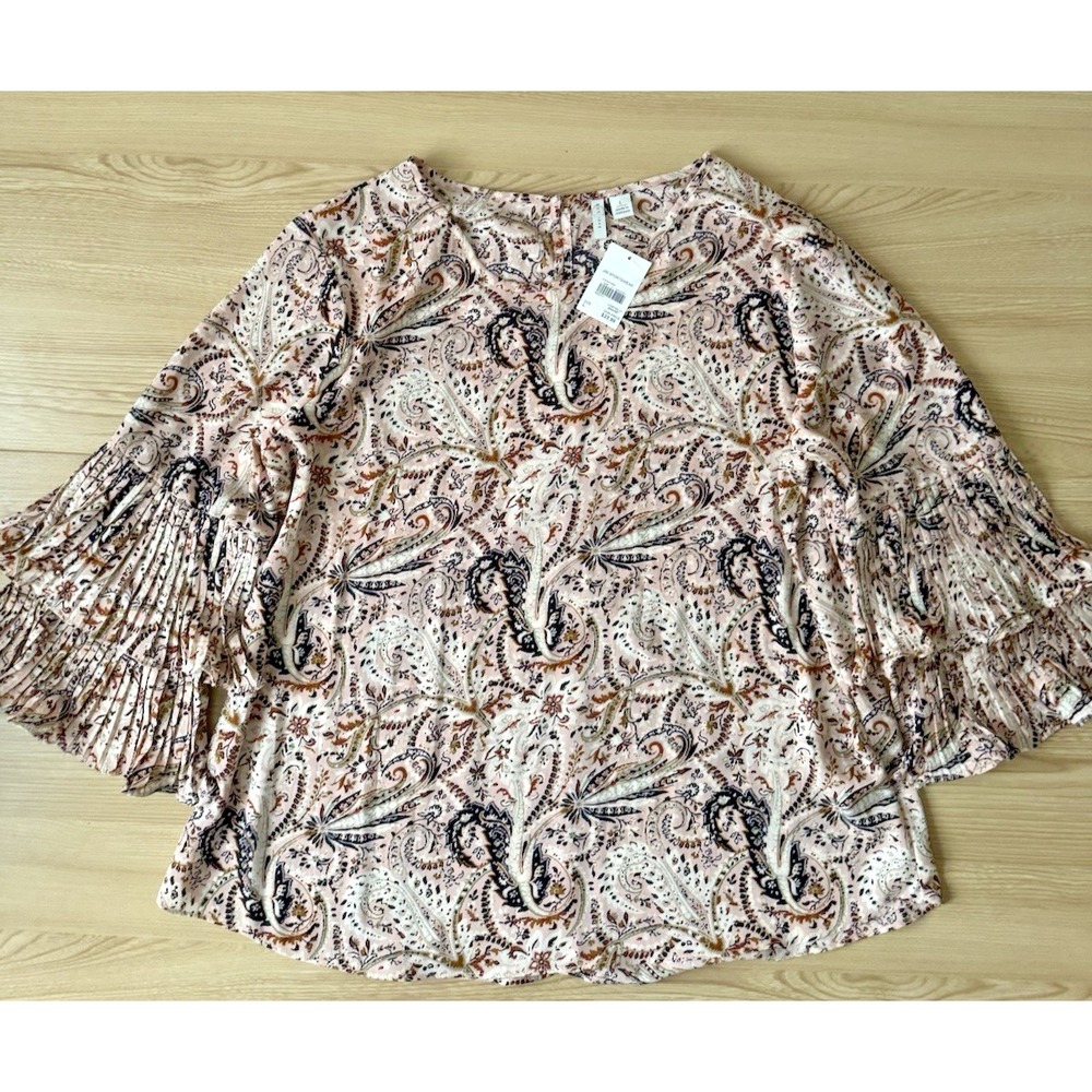 Paisley Boho Blouse Womens Large Pleated Bell Sleeve Peasant Top Pink NWT
